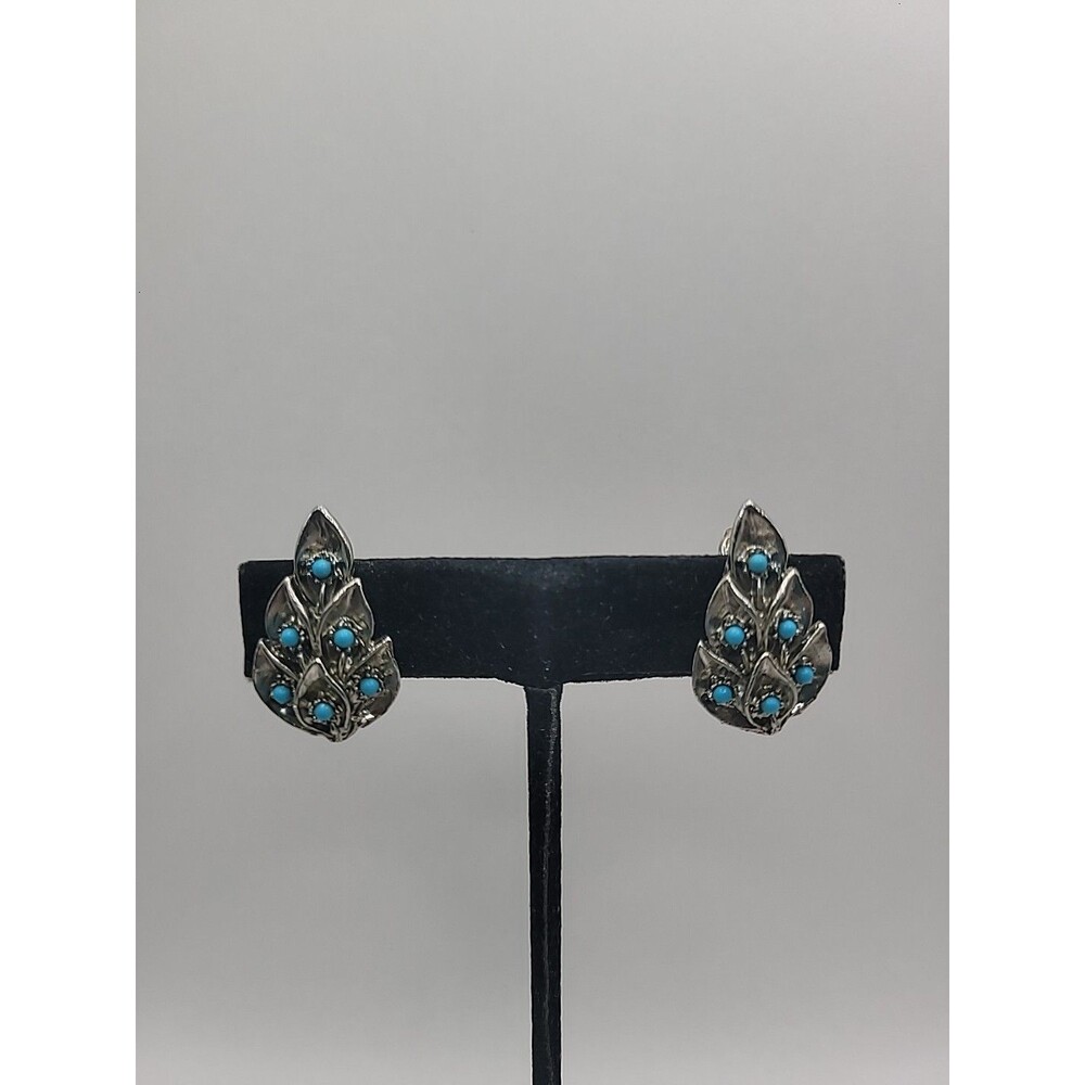 Vintage‎ Silver Tone Leaf Clip On Earrings Blue Cabochon Boho Southwestern